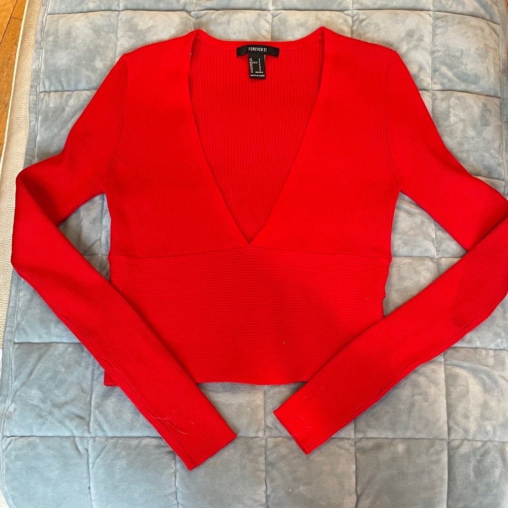 Forever 21 Red Ribbed V-Neck Sweater - Picture 2 of 6